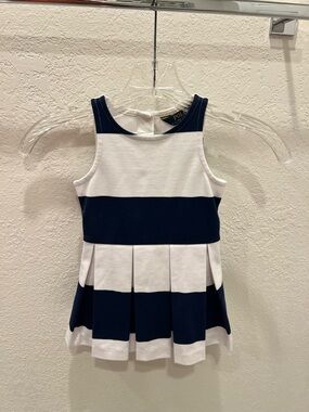 Girl Ralph Lauren Navy & White Striped Pleated Tank Dress